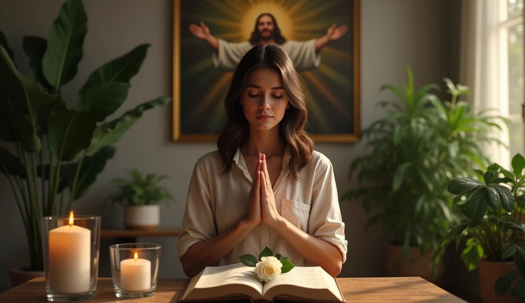 image of an ultra realistic lady thanking God for another day that begins, in the living room of your house, in the background image of plants, happy jesus with open arms picture, on the table a lit candle, the bible with a white rose inside, convey depth