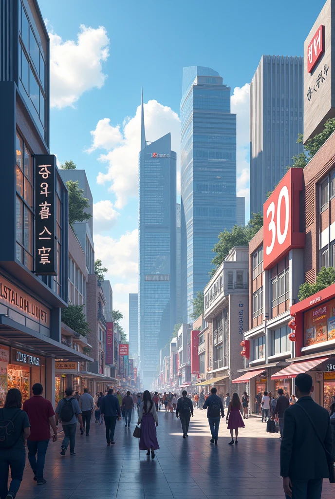 A picture of a capital city with many shopping malls, but there is a large sign showing the number 30, which is modern. Everyone turns to look at this sign. It is a wide angle picture with many buildings.