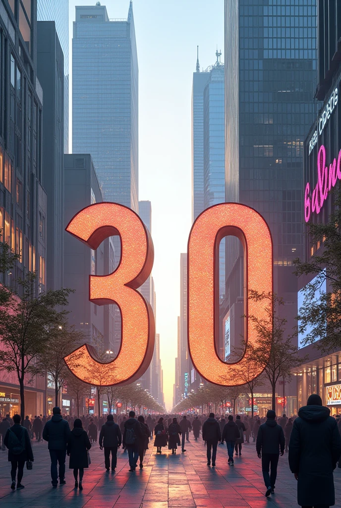 A picture of a capital city with many shopping malls, but there is a large sign showing the number 30, which is modern. Everyone turns to look at this sign. It is a wide angle picture with many buildings. 