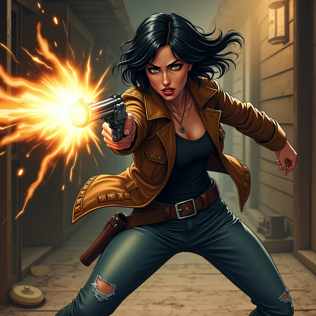 a female gunslinger with short black hair, she wears a brown leather jacket with sleeves rolled up, a purple hat, gold eyes, and ripped blue jeans. Saloon background. action scene. dynamic pose. She draws her pistol and fires at an opponent off screen, she yells angrily as she does. use a dramatic comic book style, richly detailed.