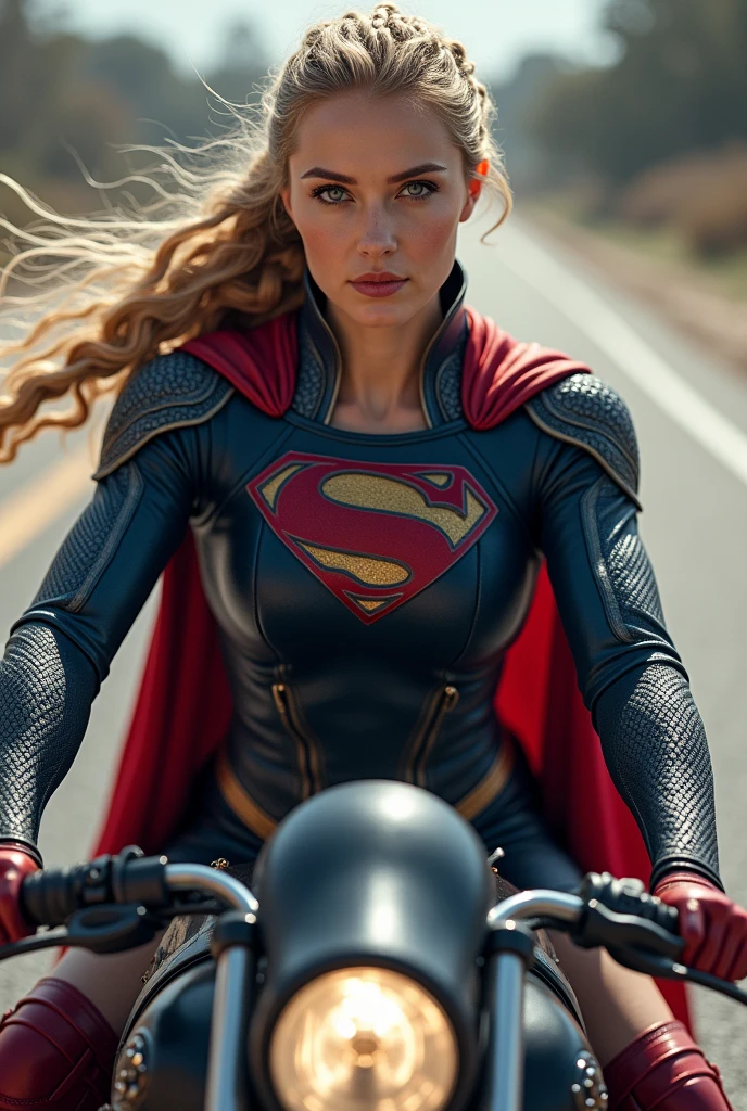 ((Extreme close-up of a beautiful blonde woman under the cloak of the Kryptonian Kara Zor-El aka Supergirl wearing a navy blue leather jumpsuit with scales covering her neck,torso and forearms))),(((Red corset in armor))),(((Long red boots up to her knees))),(((Riding a big red futuristic high displacement motorcycle Superman logos on the bike))),(((Blonde hair tied back in a braided ponytail))),(((hair six feet long blowing in the wind)))