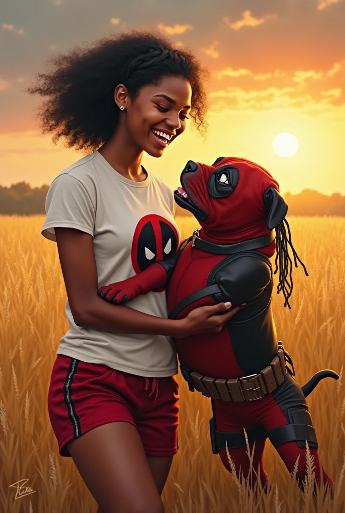 Créez une peinture à l'huile photoréaliste dynamique capturant un moment ludique. Représentez une jeune femme Africaine aux cheveux noirs courts et bouclés, riant alors qu'elle lutte de manière ludique avec un chien nu chinois, laid et ridé, avec la grande langue pendante et déguisée en Deadpool avec le masque de Deadpool avec des dreadlocks. Elle est vêtue d'un short rouge et noir à bande confortable et d'un t-shirt blanc avec le logo de Deadpool. Ses yeux pétillent de joie. Le chien mordille de manière ludique sa chemise alors qu'elle essaie de la retenir doucement. Les deux personnages sont positionnés au milieu d'un champ de hautes herbes dorées, avec un coucher de soleil spectaculaire projetant une lueur chaleureuse sur la scène.