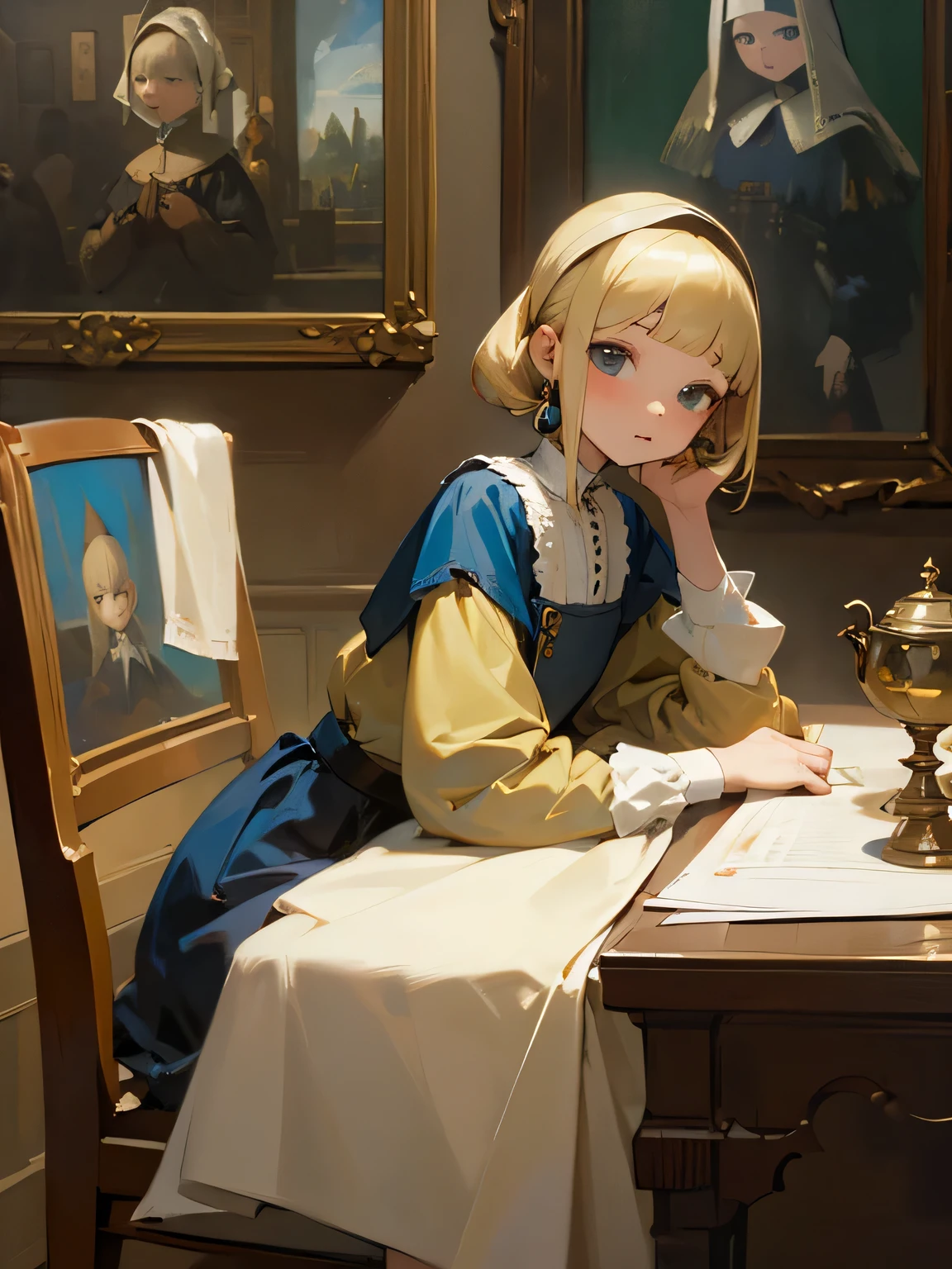 Tabletop, girl,World Masterpiece Theatre, Blonde,  1 person,  shape, Looking at the audience, Material, canvas, Oil,  Vermeer Artist ,