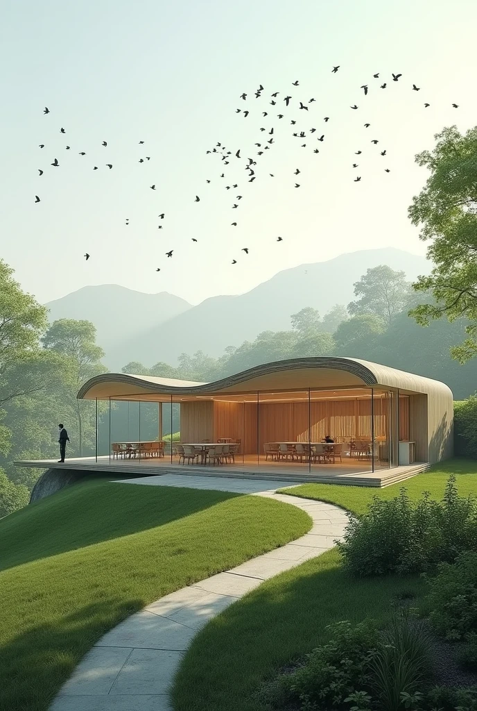 Simple Structure and facade of a single storey cafe building with L shape plan and the concept of fluidity and murmuration