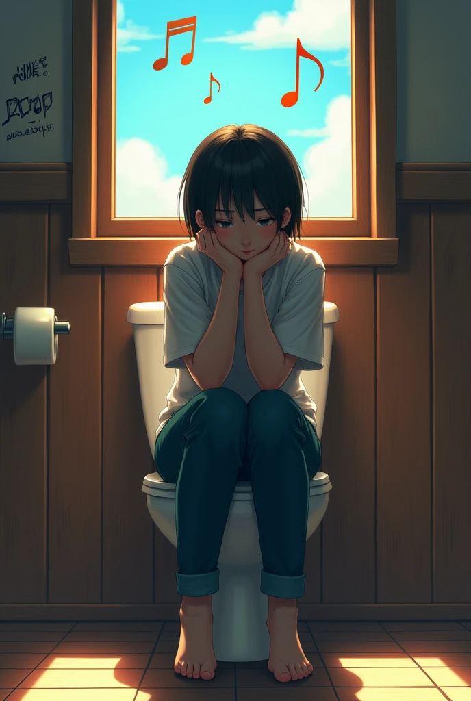 shows a person sitting on a toilet inside a wooden bathroom. The person is resting his head on his hand, with the elbow resting on the knee, in a pose suggesting contemplation or boredom. There is a window with blue glass through which sunlight enters., illuminating the wooden walls.
Musical notes float in the air, which suggests that the person is listening to music. On the wall behind the toilet, There are sound effects written like “PLOP!” and “aaaaaahhh,” involving the typical sounds associated with bathroom use. The scene is presented in a humorous way due to these sound effects.