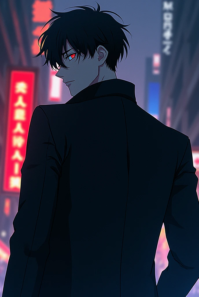 anime boy with glasses and a black jacket, an anime drawing inspired by Okumura Masanobu, tumblr, shin hanga, katekyo hitman reborn, tall anime guy with blue eyes, as an anime character, okata kazuto, with red glowing eyes, anime style character, with glowing red eyes, male anime style, otaku gangasta