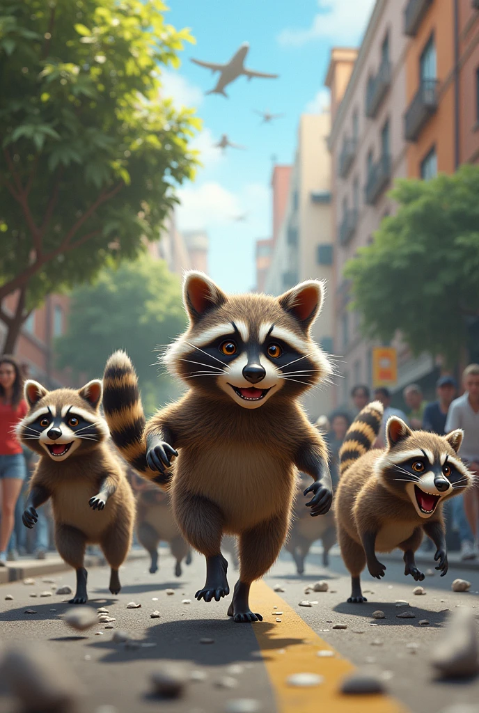 Several raccoons chasing people
