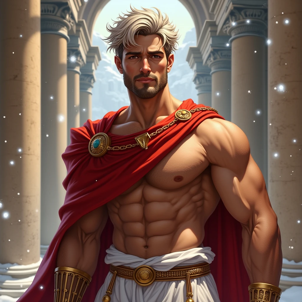 ((artwork)) ((body completo)) ((30 year old man)) body: brownish skin, high, muscular, ((body hair)) ((platinum ruby hair)) male face, barba, beautiful eyes, detailed eyes ((Gold colored eyes)). Expression: Seductive, sonrisa Seductive. CLOTHES: Red Greek Cape, TOGA BLANCA, Gold ornaments, greek prince ornaments. pose: dynamic. scene: greek temple, Greek columns. Decor: winter, decoración de winter brillante, Wonderful lighting.
