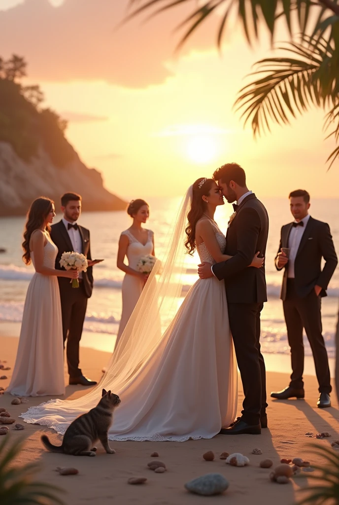 Wedding on a beach with sunset people wearing black and white and a dog and cat on a imagine 