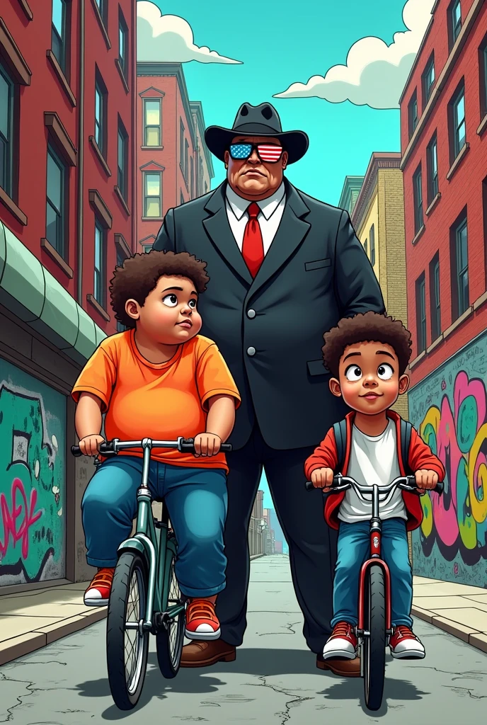 I'm in need of a cartoonish style cover for my comedy novel. The artwork needs to prominently feature the TWO main character of the story.
One character is on overweight, male, Black ager.
The 2nd character is a skinny, male, Puerto Rican teen.
The last character is the villain, who wears a black suit, a large brimmed stetson hat, and American flag sunglasses.
There should be an urban, The Bronx, New York City influence.
The title of the book is "THE BOOGIE."
LOOK AT THE REFERENCE PHOTOS!
Copy the design of the hand drawing!

We provided the logo (the word "movie" should be removed)
A hand drawing of the idea for the cover.
Actual picture of the actors playing the characters in the movie.
Actual picture of the actor playing the villain in the movie.
The slim boy is one bicycle and wear cap nad fat boy wear bag 