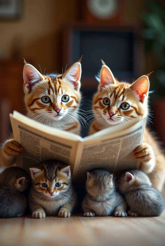 Photo shot of 2 cats reading a newspaper and looking after their cute kittens"