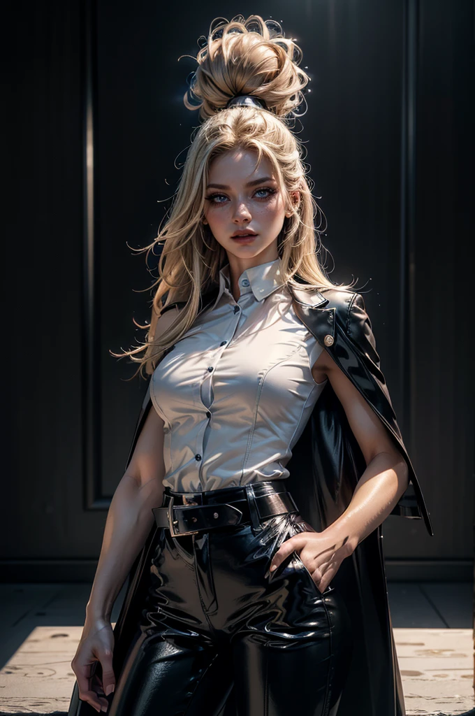 cowboy shot,a pretty 2 girl,blond hair,blue eyes,lora_Emma,slim athletic body,tight and stretched white blouse with buttons,button gap,short sleeves,pokies,ultra low rise black shiny latex pants,(double metal belt),empty studiobackground,((black coat on shoulders)),(best quality,4k,8k,highres,masterpiece:1.2),ultra-detailed,(realistic,photorealistic,photo-realistic:1.37),dramatic lighting,cinematic,fashion photography,studio lighting,high contrast,vivid colors,beautiful detailed eyes,beautiful detailed lips,extremely detailed eyes and face,long eyelashes, touching hair