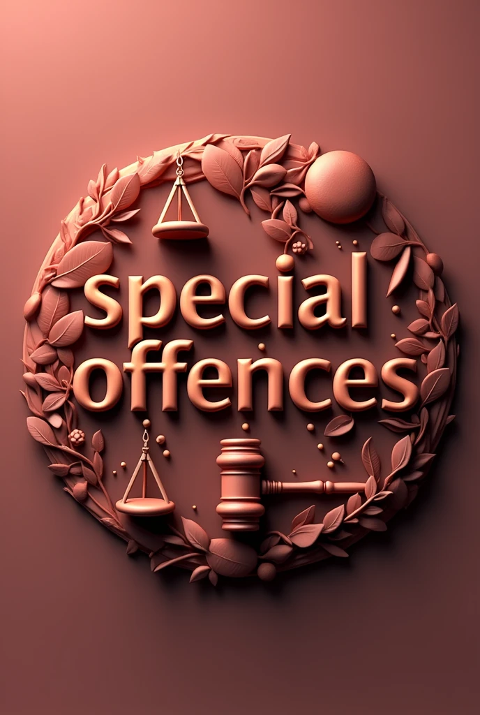 create a perfectly round picture or logo with a law theme that contains writing ""SPECIAL OFFENCES OUTSIDE THE KUHP" in large size with realistic animation style and frontal viewpoint, also add elements of images with criminal law themes such as the hammer of law and the scales of law with a light maroon theme color.