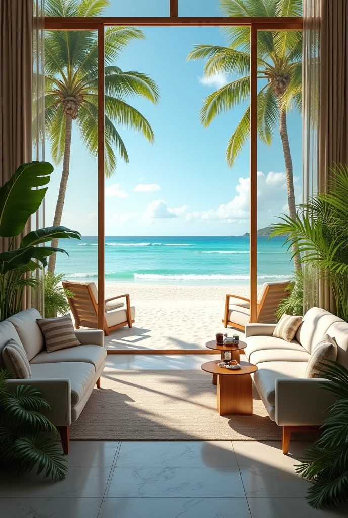 Create a picture of a hotel launge , with beach ambiance ,