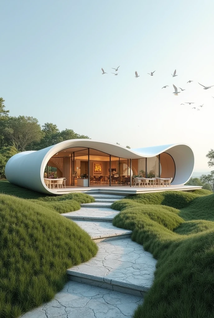 Simple Structure and facade of a single storey cafe building with L shape plan and the concept of fluidity and murmuration
