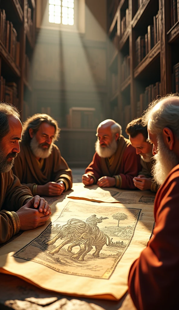 Close-up shot, Low angle shot, (A historical scene showing a group of scholars in a grand library, poring over ancient scrolls and manuscripts that detail Queen Tamar’s reign. One scroll prominently features an illustration of Tamar commanding her tigers on the battlefield. The scholars, dressed in traditional robes, discuss animatedly, their expressions a mix of admiration and wonder. The background features tall shelves filled with books, and large windows letting in sunlight, creating an atmosphere of reverence for Tamar’s enduring legacy.) unreal engine, cinematic, hyper-real, highly detailed, Ultra realistic HD --q 2 --v 6.1 --ar 9:16  