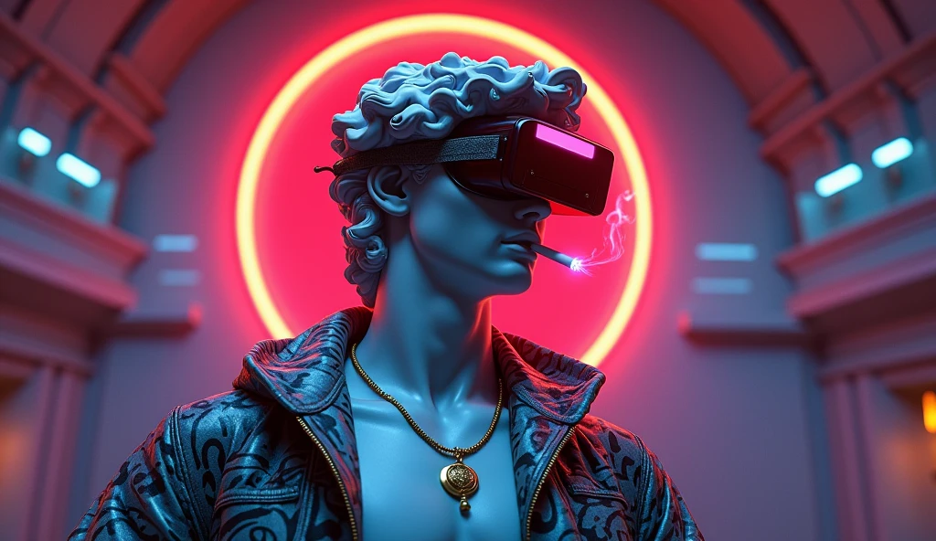 A striking digital artwork that masterfully blends classical Greek sculpture with futuristic cyberpunk elements, reimagining the iconic David figure as a bold, edgy character. The figure dons a graffiti-style jacket, a vibrant red circle headpiece, and 3D virtual reality glasses, exuding a modern flair. A luminescent neon cigarette adds a touch of surrealism, while a golden necklace symbolizes the eternal connection between past and present. Set against a mesmerizing collage of neon lights, digital illustrations, and high-contrast illumination, the background creates a nostalgic yet innovative atmosphere. This groundbreaking piece expertly merges traditional artistry with modern technology, challenging artistic conventions and sparking the imagination.