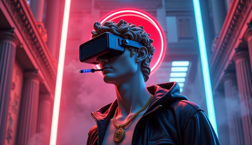 A striking digital artwork that masterfully blends classical Greek sculpture with futuristic cyberpunk elements, reimagining the iconic David figure as a bold, edgy character. The figure dons a graffiti-style jacket, a vibrant red circle headpiece, and 3D virtual reality glasses, exuding a modern flair. A luminescent neon cigarette adds a touch of surrealism, while a golden necklace symbolizes the eternal connection between past and present. Set against a mesmerizing collage of neon lights, digital illustrations, and high-contrast illumination, the background creates a nostalgic yet innovative atmosphere. This groundbreaking piece expertly merges traditional artistry with modern technology, challenging artistic conventions and sparking the imagination.