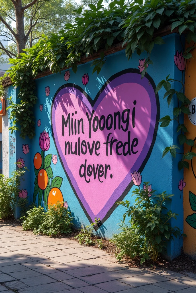 Wall on a Brazilian street with vegetation on the sidewalk, withouth People, with graffiti saying:' we love you Min Yoongi ' e a sigla: &#39;BTS&#39; small. with purple details, small drawings of tangerines and lotus flower.