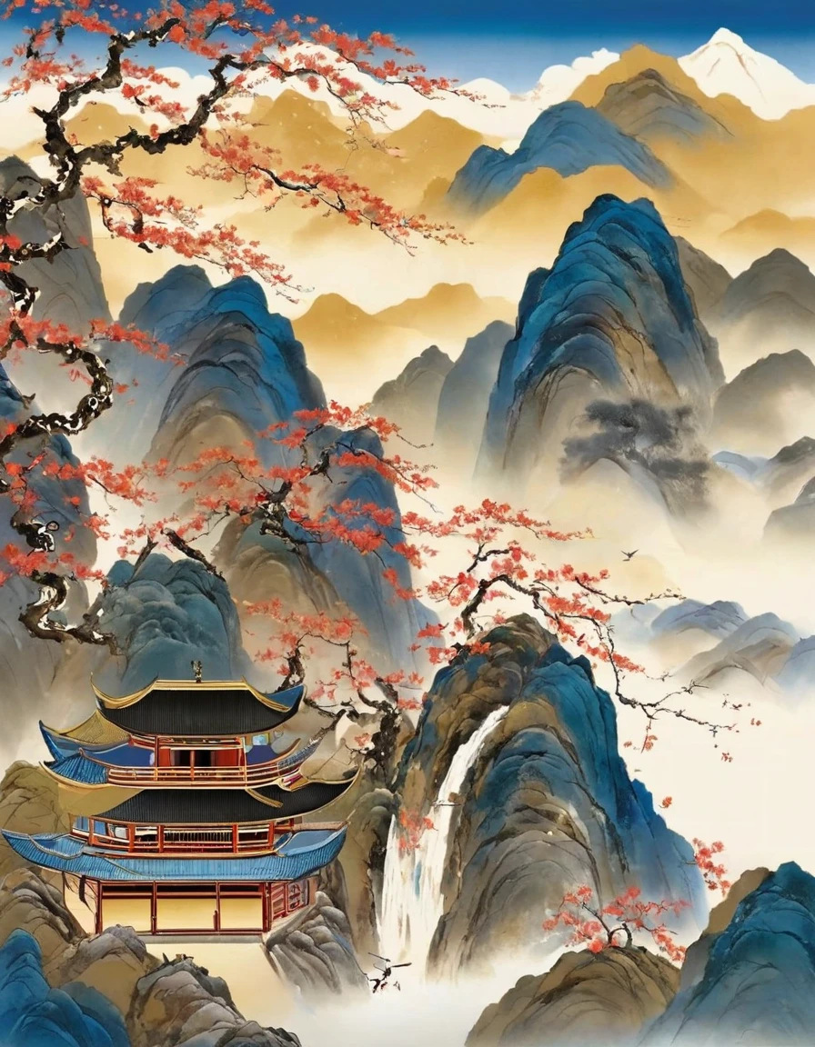 Geisha, tradional japanese art, playing and singing in front of a mountain
