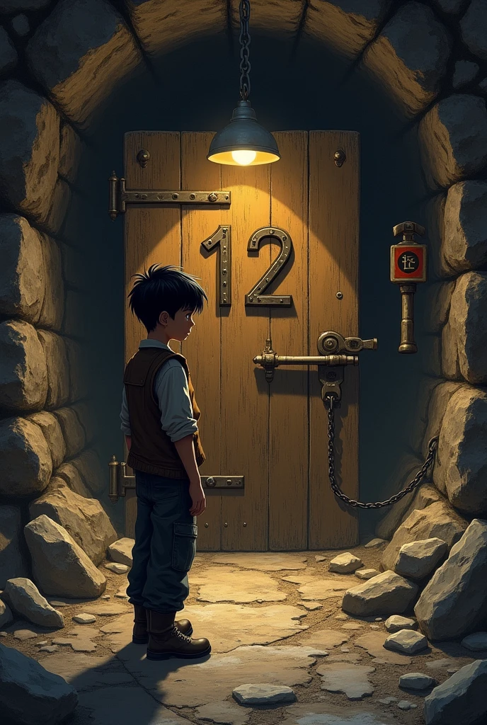 In a mine, A black-haired miner boy stares at a gate with a realistic number 12 written on it