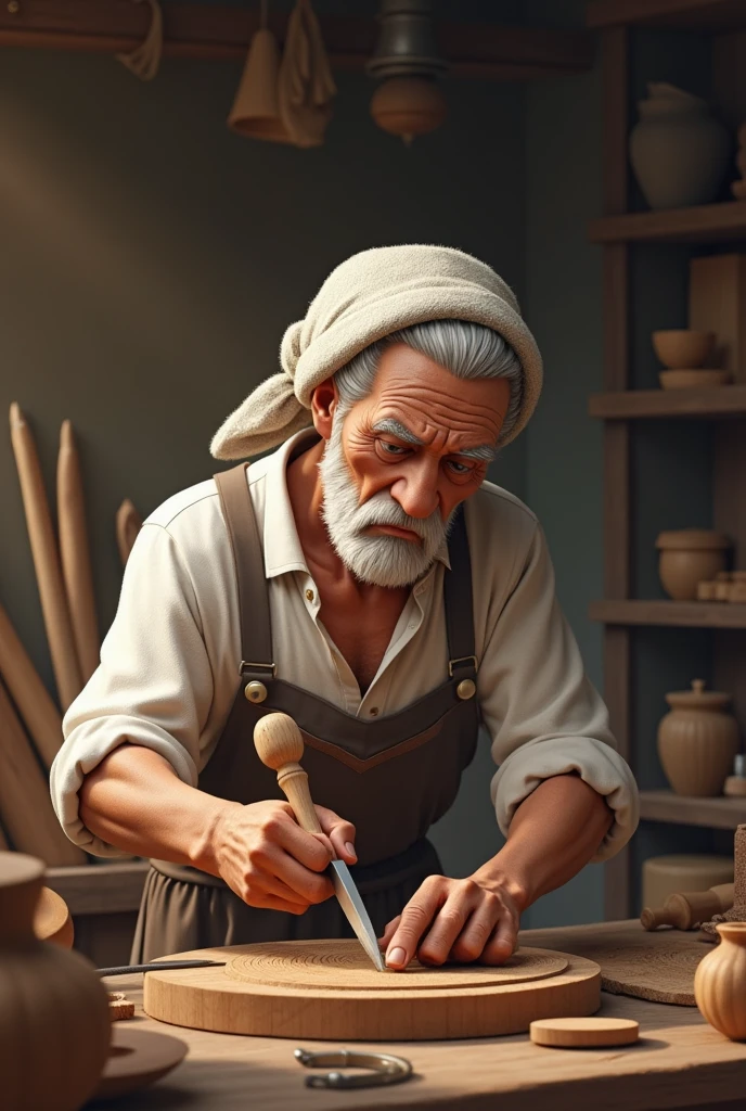 masterpiece, Highest quality, Very detailed, High resolution, An expensive solution, High resolution, Very detailed CG, Beautiful details, depth, Fine texture, Super Fine, Total concentration, , nice, Higuma, short fur, Brown fur, Beautiful attention to detail, Glasses, 年寄り職人Higuma, White casual work shirt, Roll up your sleeves, Wrap a towel around your head, Pirate roll, Holding a chisel and mallet, Doing wood carving
