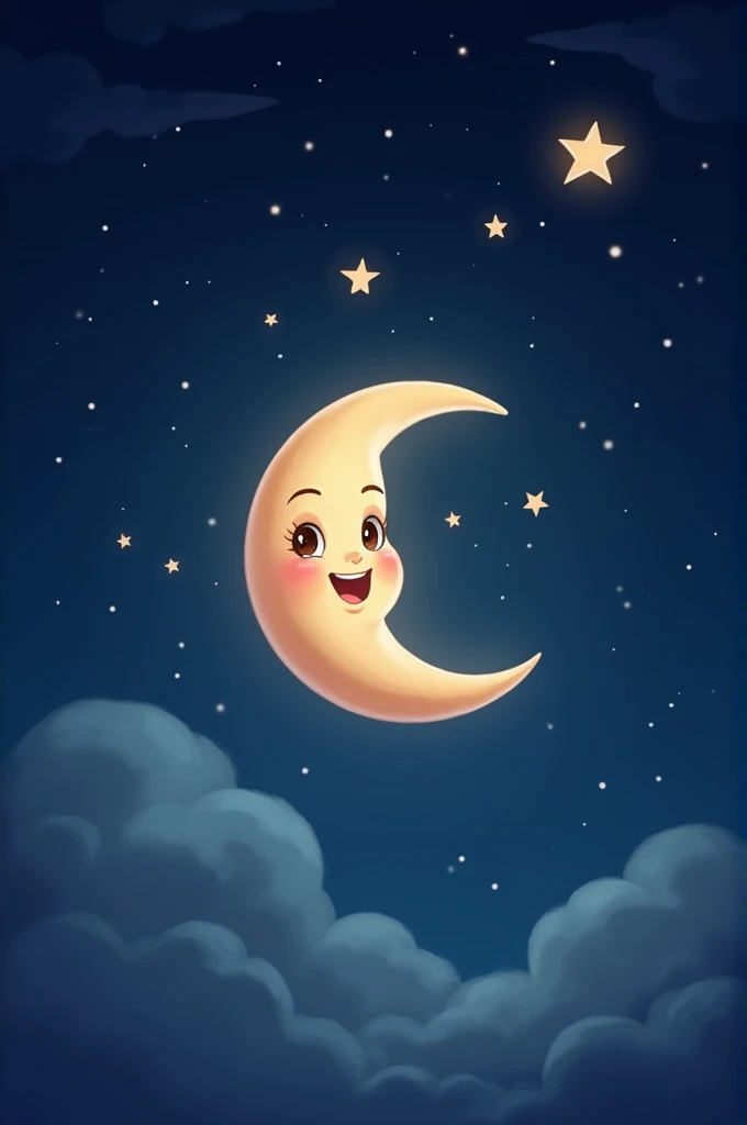 "A whimsical night sky with a smiling crescent moon (Chanda Mama) shining brightly. The moon is surrounded by a cluster of twinkling stars, creating a magical and enchanting atmosphere. The background features a dark blue sky with subtle gradients, emphasizing the serene and dreamy quality of the night."