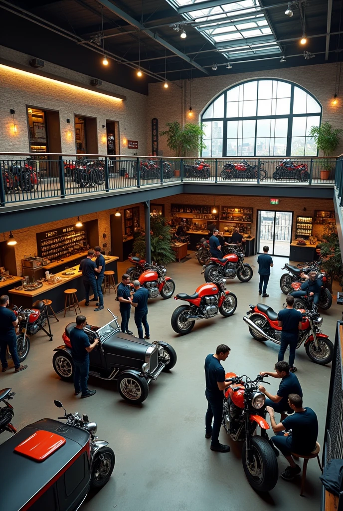 Large and spacious motorbike and car workshop design plus a cafe on the 3rd floor