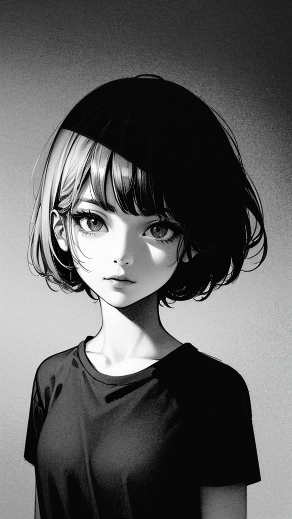 1 woman, alone, monochrome, grayscale, black short hair, portrait, t-shirt, closed mouth, looking at viewer, sketch, graphite \(middle\), small lips, hatching \(group\), Without makeup, upper body, (best illustration), (best quality), (very detailed), (masterpiece), 30s girl, small eyes, bangs,