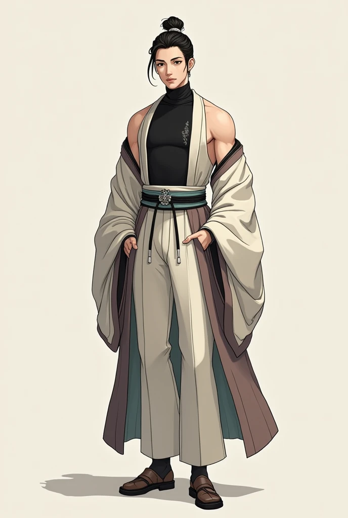 Male in a modern-ish stylised hanfu with an off the shoulders look and black turtleneck with no sleeves