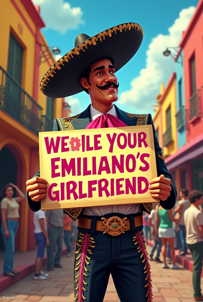 Create the Mexican singer El Malilla holding a sign saying &quot;Do you want to be Emiliano&#39;s girlfriend?&quot; 