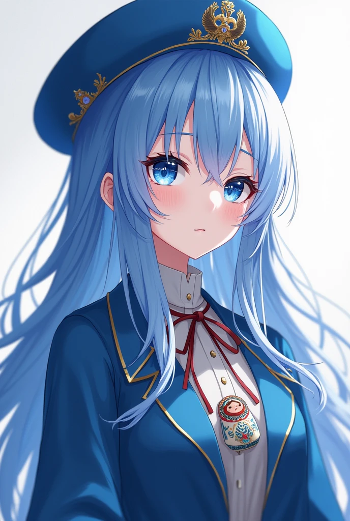 She is a beautiful anime girl with white skin and blue eyes without pupils., blue hair and a perfect curvy figure. wearing a blue Russian coat with a “Teru Teru Bozu” doll on his chest and a Russian Cossack hat matching his outfit.Her hair is loose with slight waves at the ends that make it reach below her shoulders..