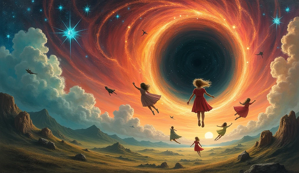 Landscape painting。The world of a child&#39;s dreams、Flying heroes and heroines、Emerging from a swirling black hole、Red in an orange space、green、Lots of blue shooting stars。