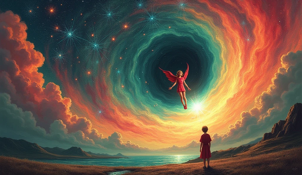 Landscape painting。The world of a child's dreams、Flying heroes and heroines、Emerging from a swirling black hole、Red in an orange space、green、Lots of blue shooting stars。
