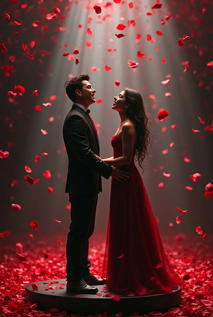On a moving platform, red and black rose petals fall on two singers like rain.