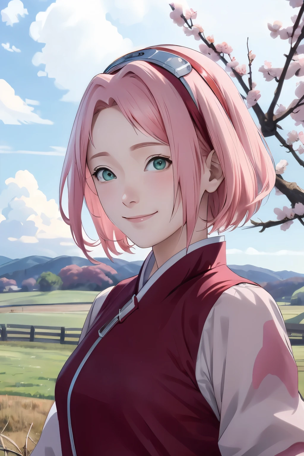 Sakura NS、8k、masterpiece、Best image quality、Very detailed、Perfect body、Moderate bust、Skin glows、smile、No sleeve、Real、scenery、Cloudy、rural area、Close-up、Photographed from the front、Wide-angle lens