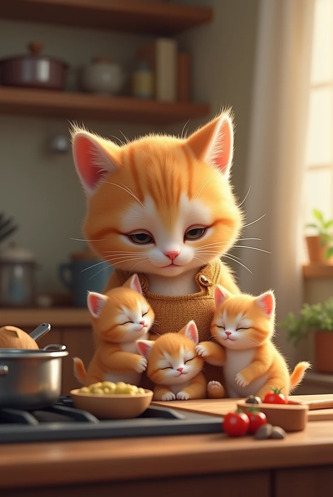 Photo shot of a cat cooking and taking care of her cute cubs"
