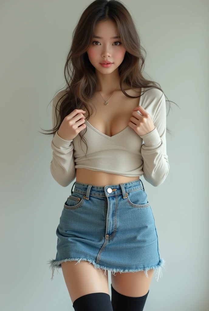 (photorealism:1.2), beautiful woman, realist, 18 years, cute bright eyes, crop top, Skirt cute face innocent girl showing no clothes slim body hot look s Lifting shirt showing eyes Blue skirt Long black socks Nude Full body photo Naked nudes