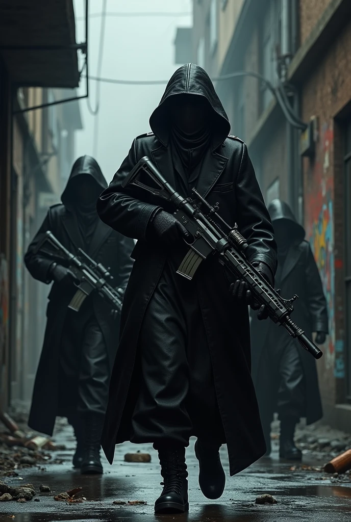 Black warriors masked in coats and mask with a variety of unique weapons in there hands walking in a dark infested alley on the future