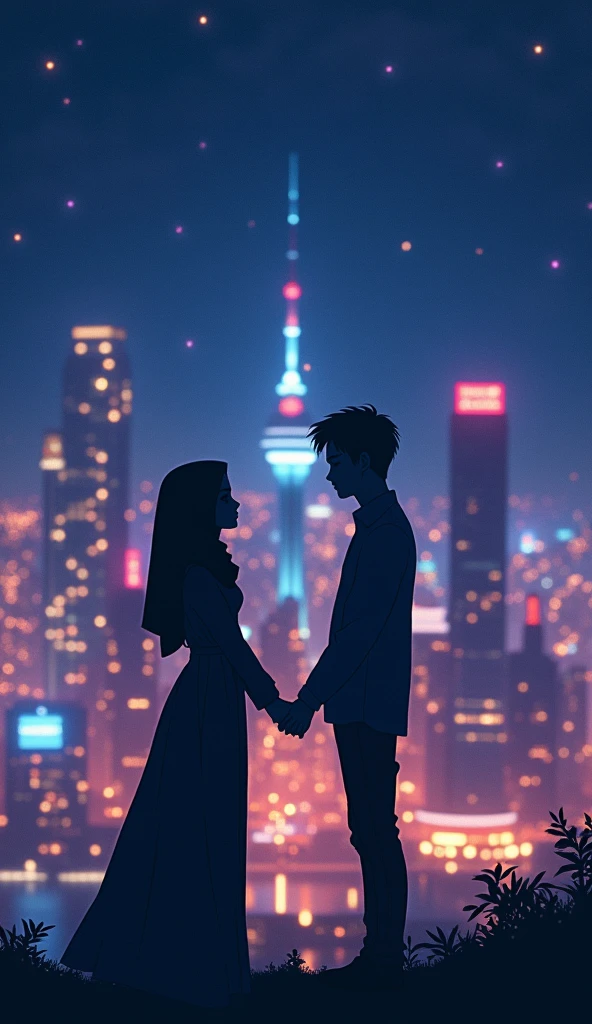silhouette image of a woman in a hijab and a man holding hands, in the middle of the city at night, full of lights, the characters are just silhouettes, very distant view:1.2, anime style