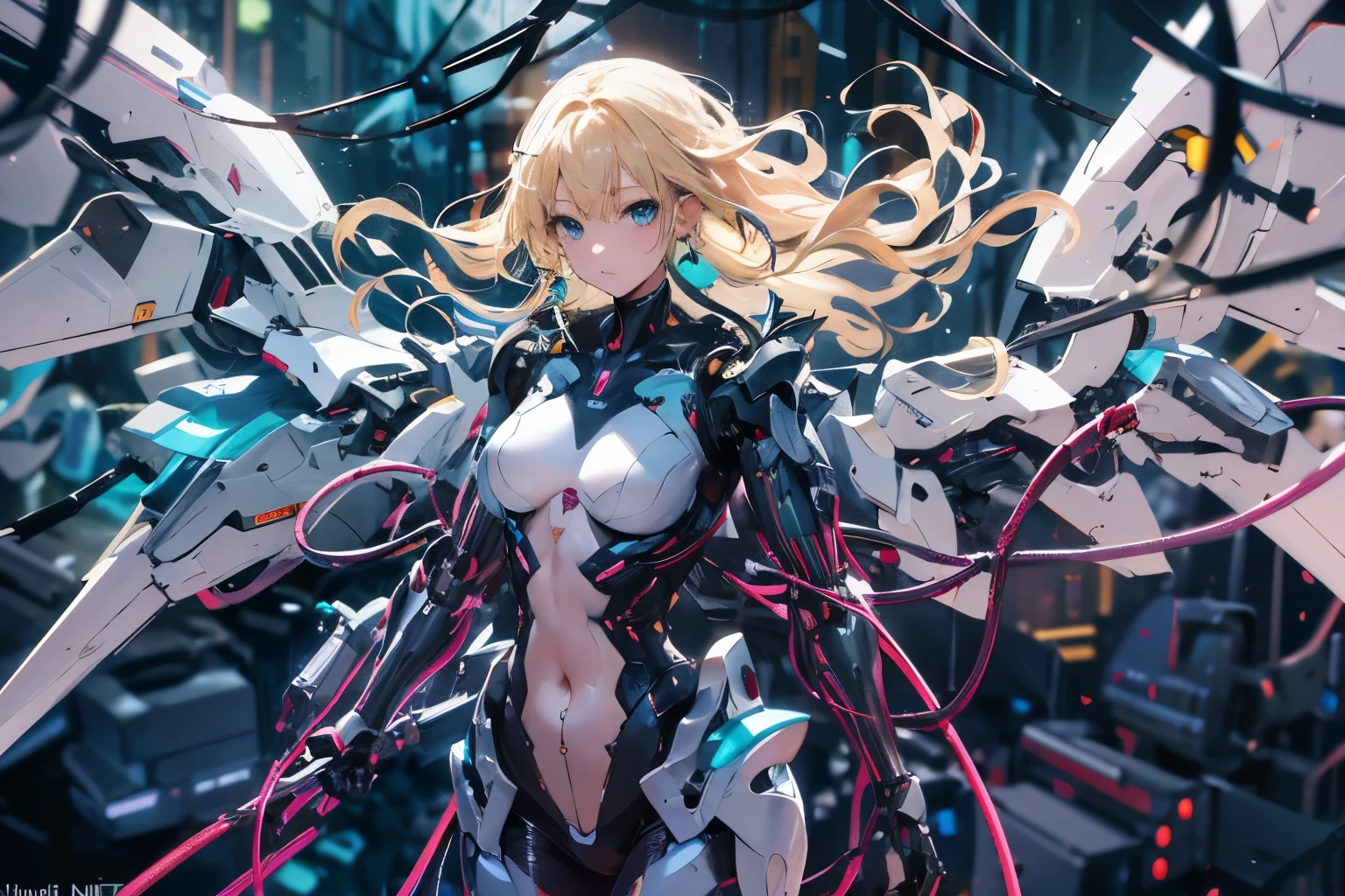 1girl, solo, long hair, breasts, looking at viewer, blonde hair, jewelry, medium breasts, earrings, wings, blurry, aqua eyes, bodysuit, covered navel, floating hair, wavy hair, skin tight, science fiction, mecha musume, cable, mechanical wings, tube
