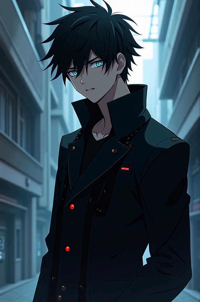 anime boy with glasses and a black jacket, an anime drawing inspired by Okumura Masanobu, tumblr, shin hanga, katekyo hitman reborn, tall anime guy with blue eyes, as an anime character, okata kazuto, with red glowing eyes, anime style character, with glowing red eyes, male anime style, otaku gangasta