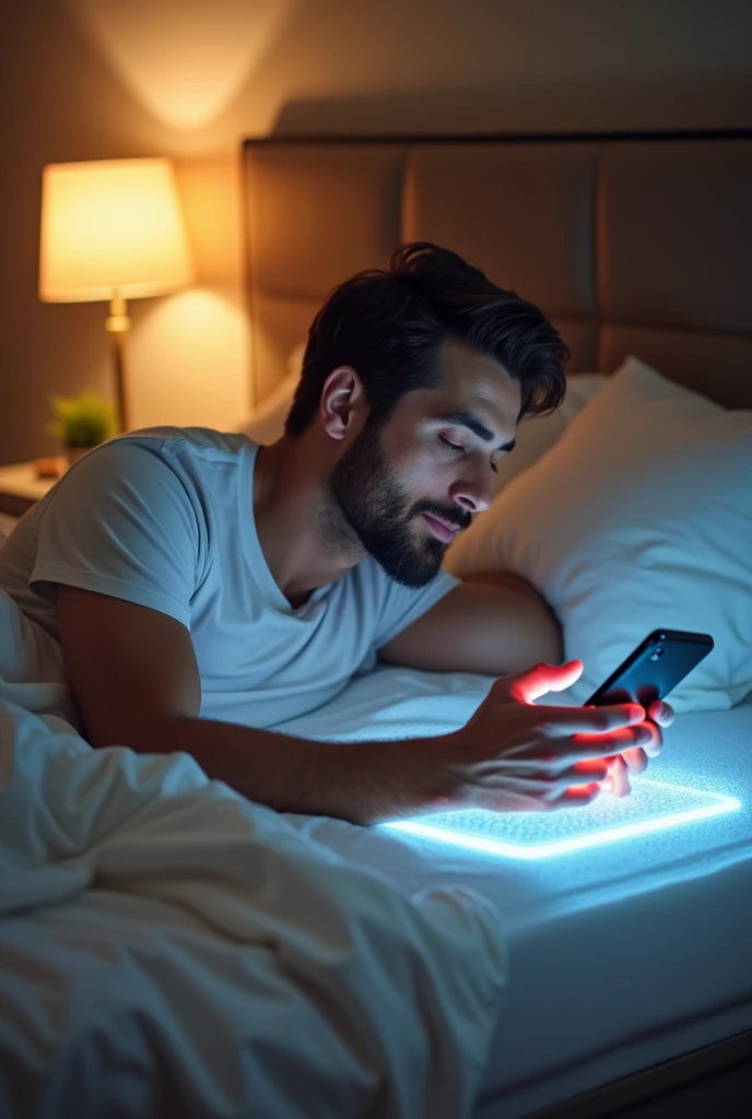 Adjust the mattress to your preferred cooltemperature with a touch in phone by a man lying down in the bed, and experience the ultimate comfort throughout the night."