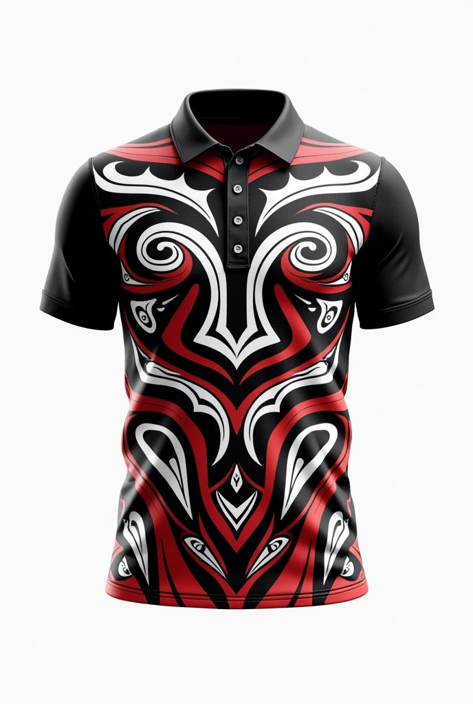 Create rugby jersey maori tribe full pattern black white red retro black / black collar/ white background front and back design side by two side clear design using this design but back side
