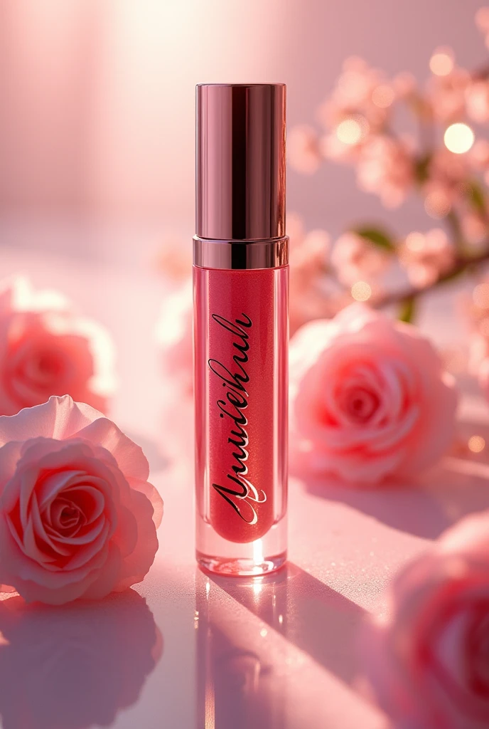 make a photoshoot of lipgloss with a cosesmè beauty name on it