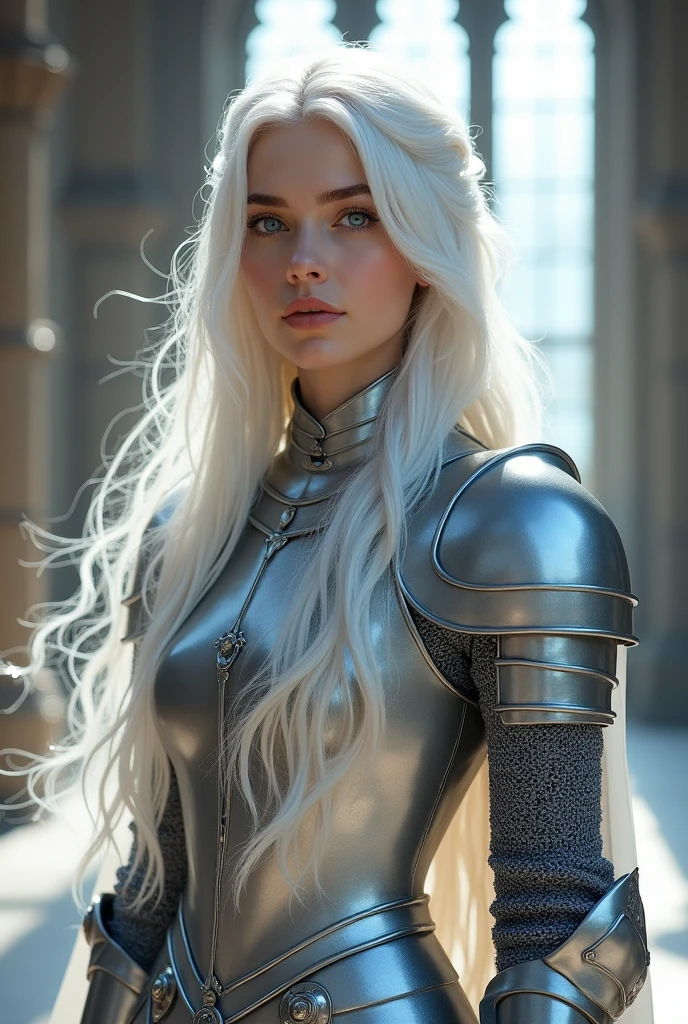 Beautiful girl, blue eyes, long white hair, silver knight outfit, smiling, castle background, clear face without beard
