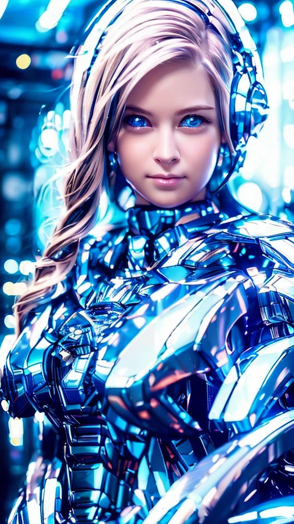 Wide-angle shot, 1 female, Mecha, Sparkling Blue Eyes, Very cute face, (Realistic:1.37), バイオMechaニカル, Spaceship interior bokeh background, Ultra-realistic, Very detailed, Very intricate details, Beautiful woman in focus