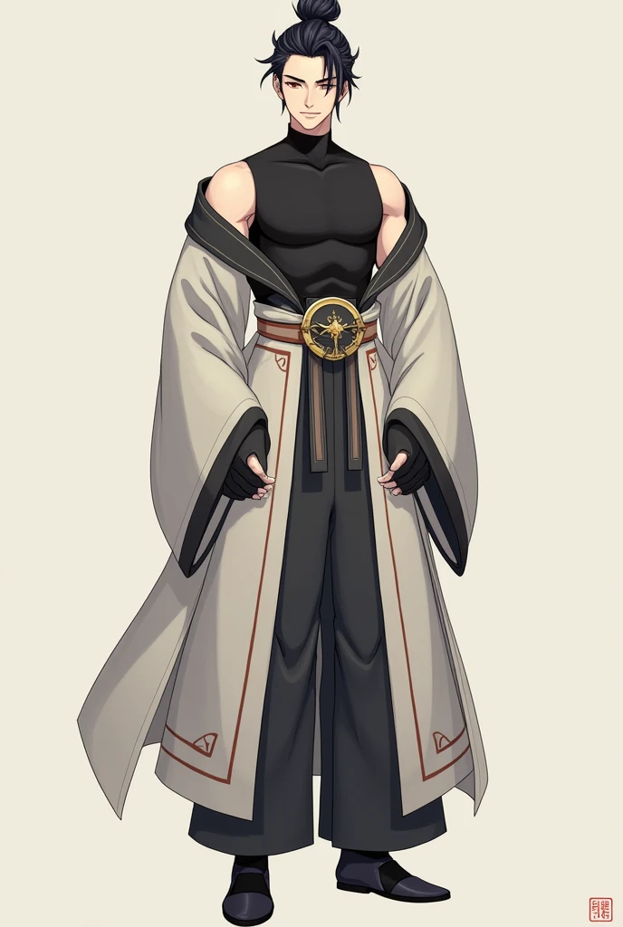 Male in a modern-ish stylised hanfu with an off the shoulders look and black turtleneck with no sleeves