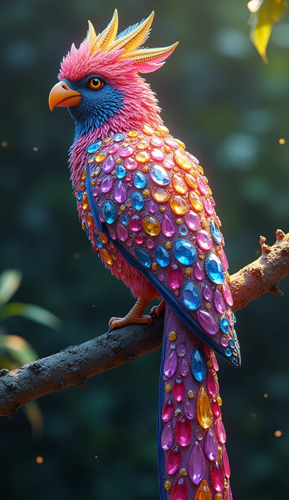 Forbes Diamond「bird on the tree」teeth、The protagonist is portrayed naturally and realistically.。, Highly detailed and photorealistic, Render the background, Photorealistic concept art, Hyperreal Rendering, Red realistic 3D rendering, Bird Society, Photorealistic images, Highly detailed and photorealistic, Ultra-realistic detailed rendering, Realistic detailed images, Highly detailed rendering, High quality rendering,((A fictional bird with many colorful jewels on its body.))Fluorescent bird,His whole body is covered in colored gems,The tail is also covered with jewels
