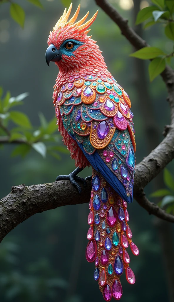 Forbes Diamond「bird on the tree」teeth、The protagonist is portrayed naturally and realistically.。, Highly detailed and photorealistic, Render the background, Photorealistic concept art, Hyperreal Rendering, Red realistic 3D rendering, Bird Society, Photorealistic images, Highly detailed and photorealistic, Ultra-realistic detailed rendering, Realistic detailed images, Highly detailed rendering, High quality rendering,((A fictional bird with many colorful jewels on its body.))Fluorescent bird,His whole body is covered in colored gems,The tail is also covered with jewels